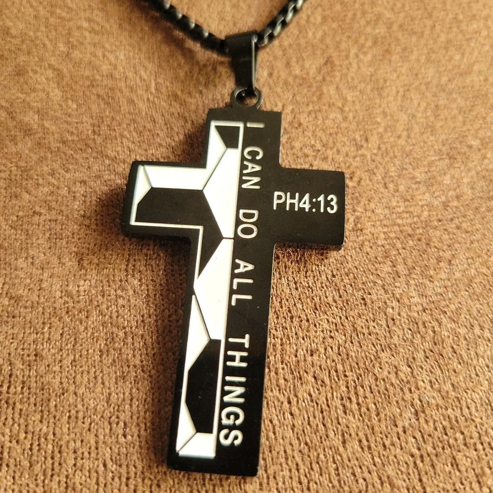 Black Philippians 4:13 Cross Pendant Necklace One Size Soccer